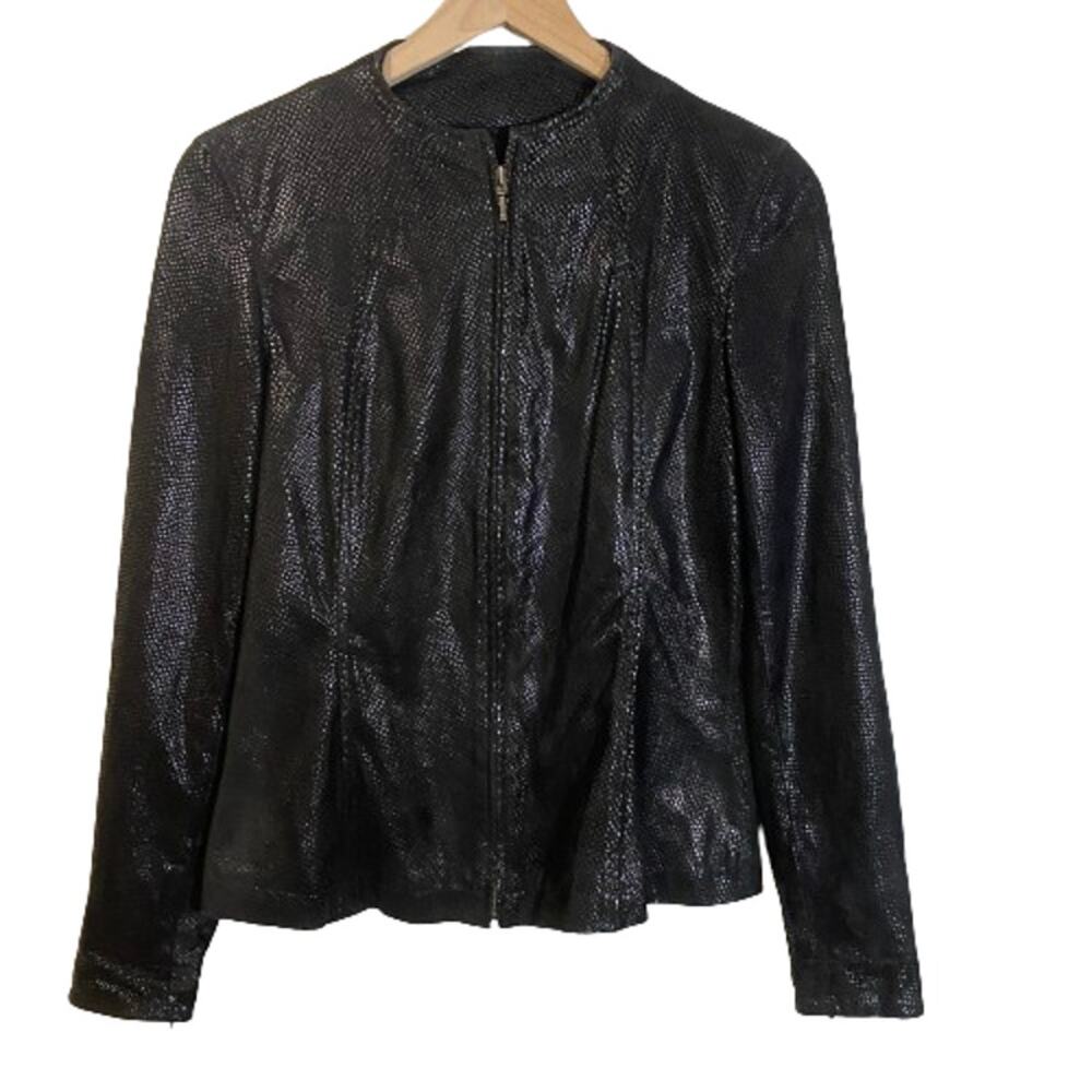 Reba Black Vintage Fitted Leather Jacket Shinty Snakeskin Texture Full Zip Sz 4